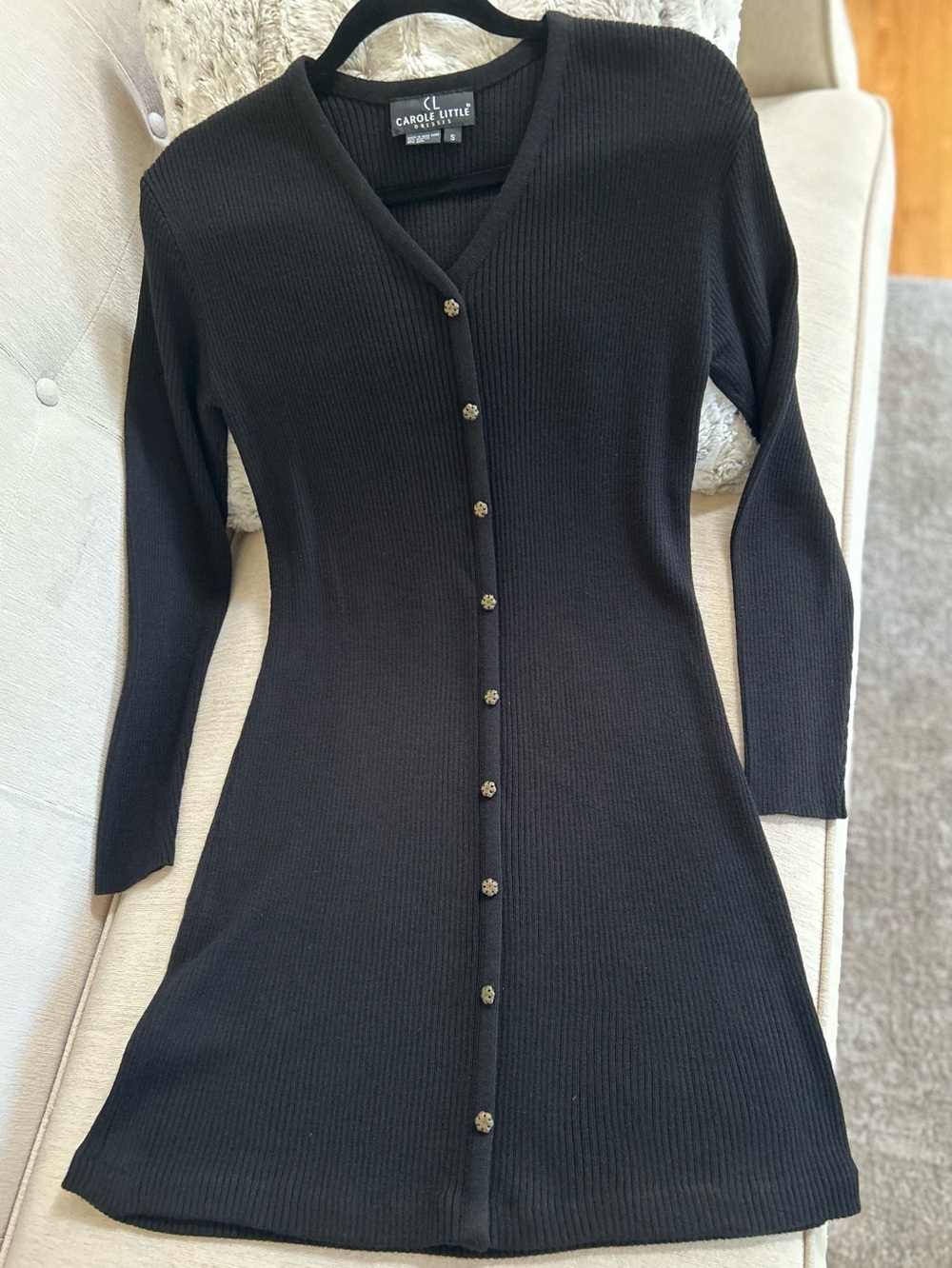 Carole Little Black Long-Sleeve Ribbed Button-Front Dress
